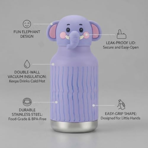 Image of JOUET Kids Stainless Steel Water Bottle 280ml with Cute Elephant Character Lid, Purple Leakproof Drinking Bottle for School, Travel & Daily Use