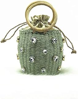 QFWN Estate Rotonda Rattan Bag Handmade Libero Straw Bucket Bag Knitting Spalla Crossbody Beads Borsa da Spiaggia (Color : Green)