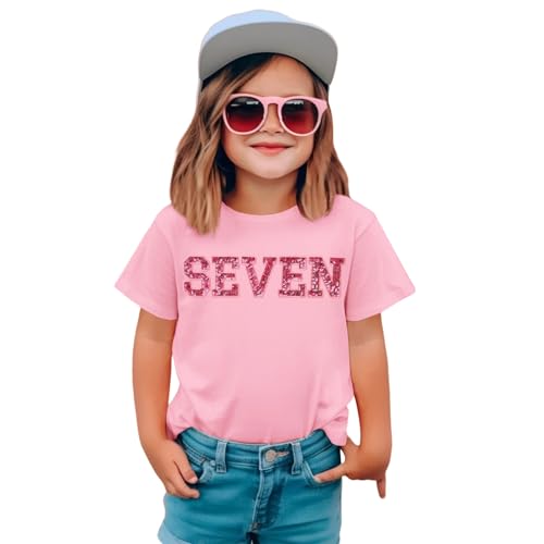 GLIGLITTR Birthday Girl Shirt 6th 7th 8th 9th Girls Birthday Tshirt Kids Bday Party Outfit Sequin Glitter Embroidery Tee Tops(Pink 7Y)