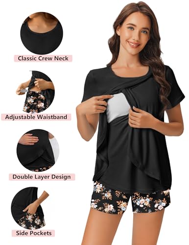 Image of Ekouaer 3 PCS Maternity Nursing Pajamas Set Postpartum Breastfeeding Short Sleeve Shirts, Pregnancy Shorts & Pants Pjs S-XXL