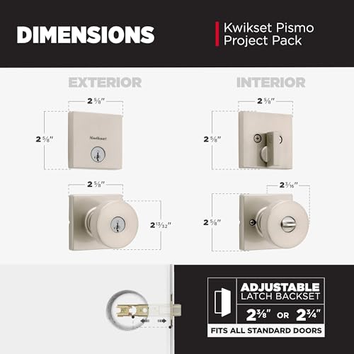 Image of Kwikset Pismo Square Front Door Lock Handle and Deadbolt Set, Entry Exterior with Interior Door Knob, Satin Nickel, Project Pack, Pick Resistant SmartKey Rekey Deadbolt Security