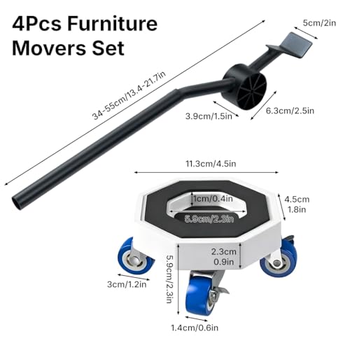 Image of HASTHIP Wheels for Heavy Furniture, Heavy Furniture Lifter Mover Tool Set with 360 Caster Wheels & Brake, Crowbar & Extension Rod for Sofa, Fridge, Washing Machine & Cabinet Moving