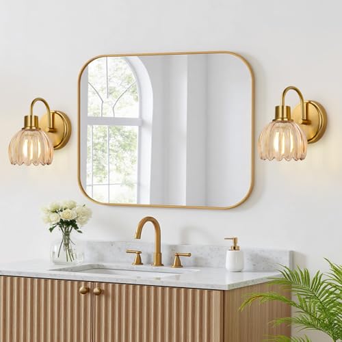 Image of 2-Pack Brushed Gold Bathroom Vanity Light, Single-Head Wall Sconce with Ribbed Amber Tulip Glass Shade, Vintage Bathroom Light Fixtures for Bedroom, Hallway & Bedside (Bulbs Not Included)