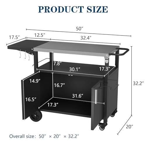JY QAQA Outdoor Grill Cart with Storage,Patio Kitchen Island Outdoor Grill Table with Wheels,BBQ Cart Movable Pizza Oven Table Stand, Storage Cabinet, Foldable Tabletop, (Black)