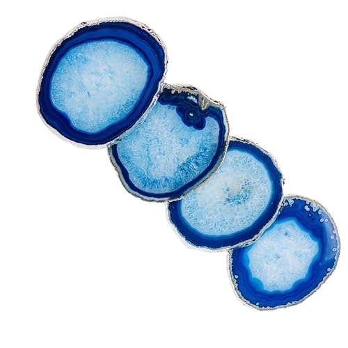 Nature's Decorations Blue Silver Rimmed Agate Stone Coasters - Set of 4, Polished Geode Drink Mats for Dining & Coffee Table & Kitchen Geode Decor Non-Toxic 3.5-4” Diameter
