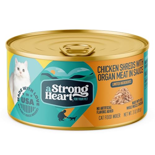 Image of A Strong Heart Canned Wet Cat Food, Chicken Shreds with Organ Meat in Sauce -3 oz Cans (Pack of 24), Made in The USA with Real Chicken