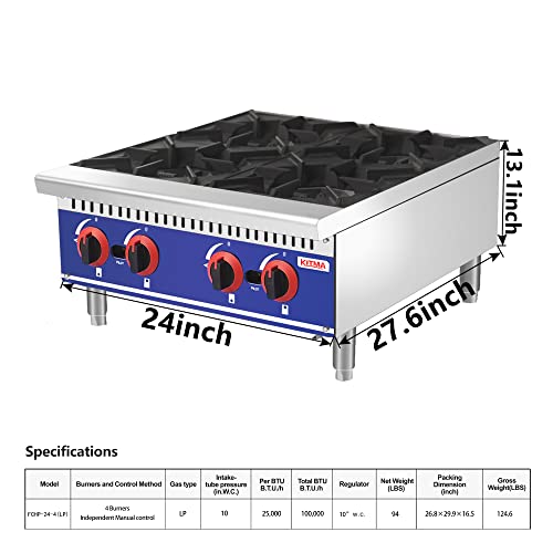 Commercial Countertop Burners - 24 Inches 4 Burners Hot Plate - Liquid Propane Portable Stove Range for Kitchen,Outdoor, 100,000 BTU