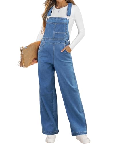 Vetinee Women's Denim Overalls - Loose Fit Blue Jean Overalls for Country Outfits - Blue Shadow Medium Fits Size 8 / Size 10