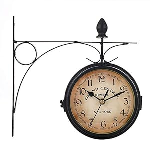 Gelentea Outdoor Beugel Klok Tuinstation Wandklok Dubbelzijdige Klok Klassieke Tuin Woondecoratie Zwart/Wit