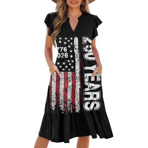 Image of Women's Casual Ruffle Sleeve Dress V Neck Pullover Dress Flowy A-Line Pleated Lightweight Dress with Pockets