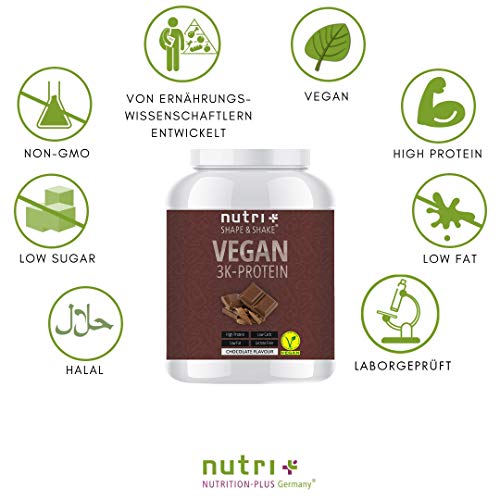 PROTEINPULVER VEGAN Schokolade 1kg – Low-Carb 3k Eiweißshake Chocolate Powder – Veganes Eiweißpulver Schoko 1000g – Proteinshake ohne Laktose – Eiweiß Isolate – in Deutschland hergestellt - 3