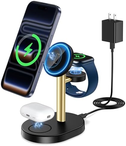 Hevanto 2026 3 in 1 Wireless Charging Station for Apple MagSafe Charger, 15W Fast Magnetic Mag-Safe Charger Stand for iPhone 17 16 15 14 13 12 Apple Watch AirPods Series GoldBlack