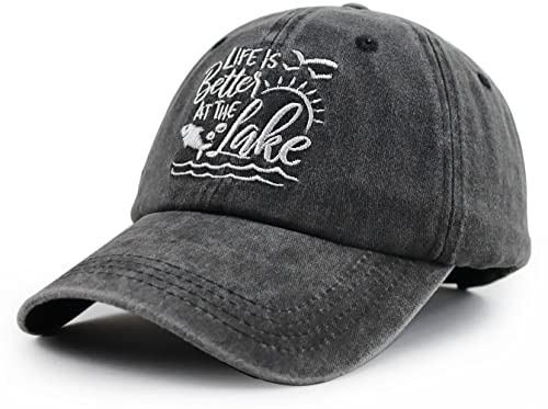 Funny Lake Accessories Decorations Gifts, Lake Life Summer Hats For Women Men, Life Is Better At The Lake Sun Hat, Vintage Adjustable Cotton Embroidered Boat Beach Baseball Cap #TOP1