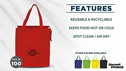 DISCOUNT PROMOS Custom Non-Woven Insulated Tote Bags Set of 100, Personalized Bulk Pack - Reusable, Great for Picnic, Camping, Beach, Outdoor Activities - Red2
