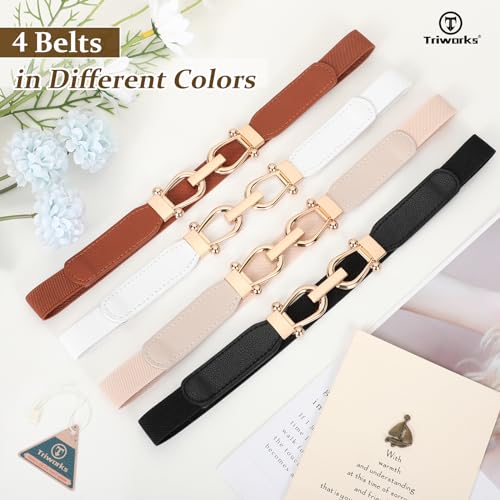 TRIWORKS 4 Pack Skinny Elastic Belts for Women Gold Buckle Thin Stretchy Waist Belts for Dresses by TRIWORKS - Used condition - Image 7