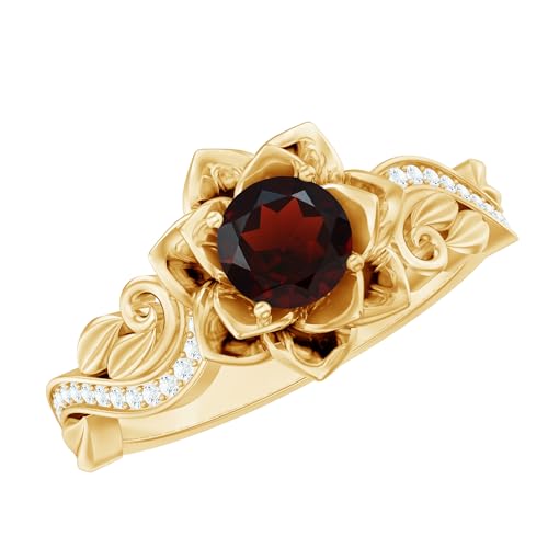 Real Garnet Art Deco Engagement Ring in Yellow Gold Plated Silver, AAA Quality, Certified Garnet Flower Ring - Ready To Gift
