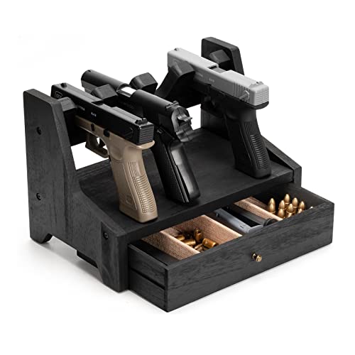 DGWJSU Pistol Rack, Solid Wood Handgun Pistol Gun Rack Holder for Gun Safe Gun Cabinet Accessories, Gun Racks Organizer Stack on Gun Cabinet (Weathered Black,4 Slot)