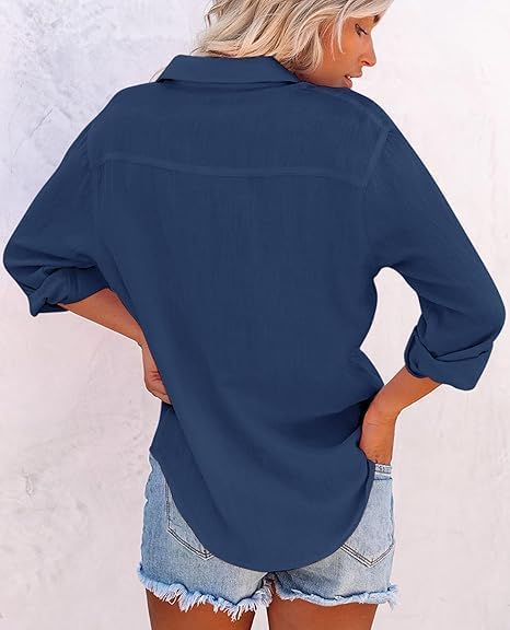 siliteelon Button Down Shirts for Women Cotton Dress Shirts Long Sleeve Blouses Solid Casual Collared Tops with Pockets - Image 2