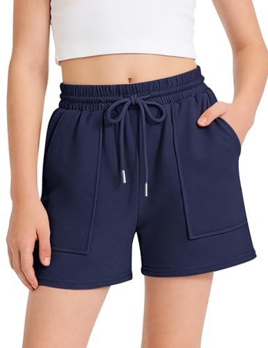 BOOPH Girls Shorts Summer Elastic Casual Running Shorts with Double Pocket for Kids 5-14 Years, Navy, 11-12 Years