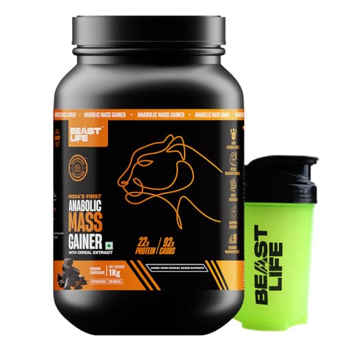 Image of Beast Life High Protein Mass /Weight Gainer | 1 KG | Belgian Chocolate with Free Shaker | NABL LAB Tested | For Muscle Gain & Fast Growth | Cereal-Based Formula, No Maltodextrin | India's #1 Cereal Based Bulk Gainer
