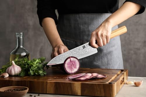 XINZUO 8.5 Inch Chef Knife, 67 Layers Hand Forged Damascus Steel Kitchen Knife Professional, Ultra Sharp,Olive Wood Octagonal Handle,Gift Box - Image 9