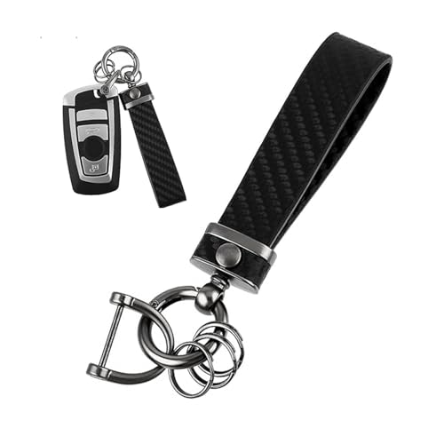 GSDGV Carbon Fiber Car Keychain, Leather Keyring 360° Rotatable Car Key Fob Strap, Detachable Key Chain Holder with Anti-lost D-Ring, Leather Key Chain Holder for Men and Women(Black)