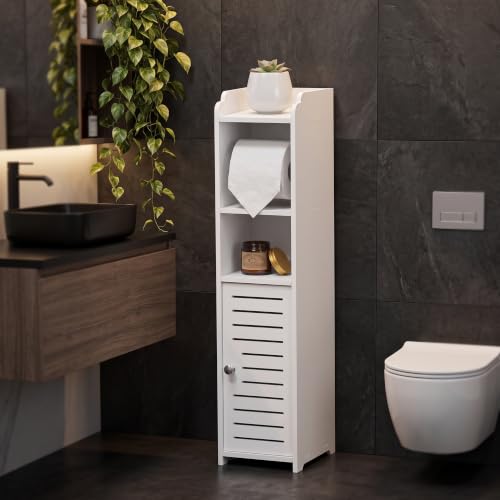 Armário Organizador de Banheiro de Chão em PVC com Porta-Papel Higiênico | Organizador compacto para banheiros, Prateleiras e Armário Inferior, Branco