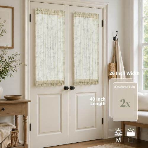 Image of jinchan Green Linen Floral French Door Curtains 40 Inch Rod Pocket 2 Panels