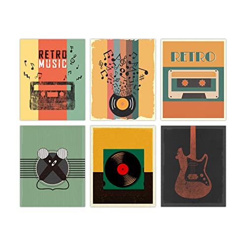 SUPERDANT Vintage Musique Affiche Decoration Murale Sur Toile Mur Tableau Decoration Murale Microphone Guitare Coloré Peinture Mur Art populaire Rétro à la...