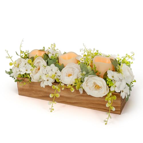 Lumeavetra Centerpiece Table Decorations with 3 Flameless Candle(Battery Not Included), Farmhouse Wood Tray Flower Decoration for Coffee Table Kitchen Living Room Wedding, White