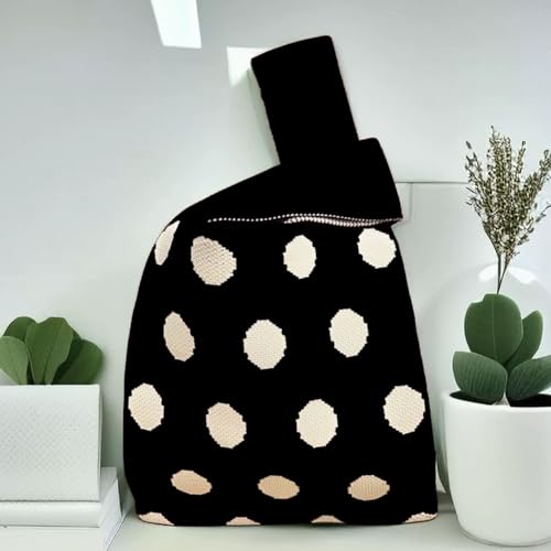 Bolso de muñeca tejido con estampado de lunares para mujer, color negro, estilo polka dot, pequeño y práctico, ideal para compras diarias o como regalo miniatura 6