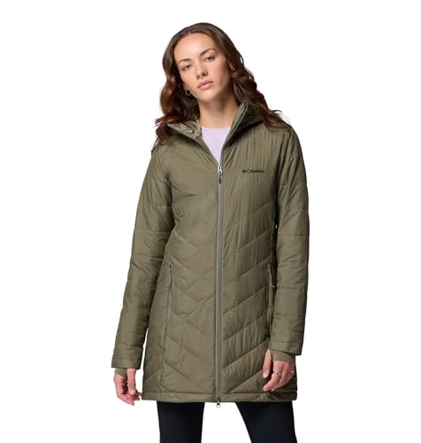 Columbia Womens Heavenly Long Hooded Puffer Jacket, Stone Green, Large