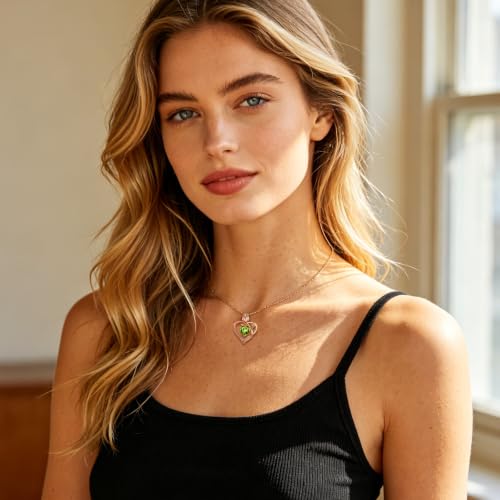 JACUPO Heart Birthstone Necklace for Women I Love You Olive Green Rose Gold — view 3