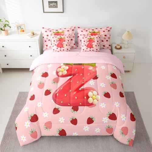Image of Feelyou Girls Cute Strawberry Full Comforter Set with Sheets for Kids Boys Girls Pink Strawberry 7 Pieces Bedding Set Initial Letter Z Bed in a Bag Room Decor Soft Lightweight Microfiber