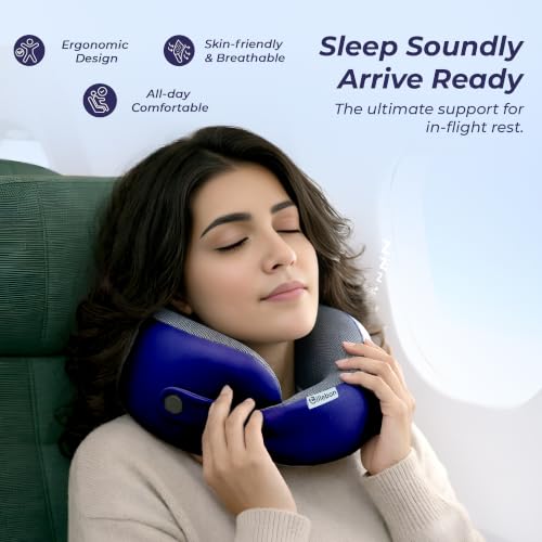 Image of Billebon Memory Foam Neck Pillow with Cooling Gel, Snake Shape Travel Pillow with Snap Button, Neck Rest for Travelling & Flight Travel, Ergonomic Support for Comfort & Pain Relief (Navy Blue)
