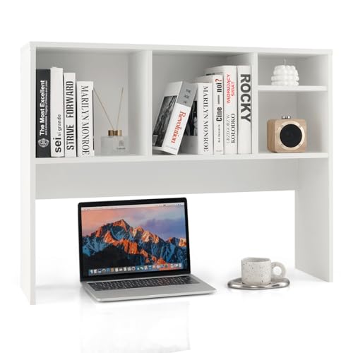 HOMASIS Schreibtischregal mit 4 Ablagen, Desktop Bücherregal aus Holz, stehendes Tischregal Aufsatzregal für Arbeitsplatte, Tischorganizer für Arbeitszimmer & Büro, 94 x 25 x 73 cm (Weiß)