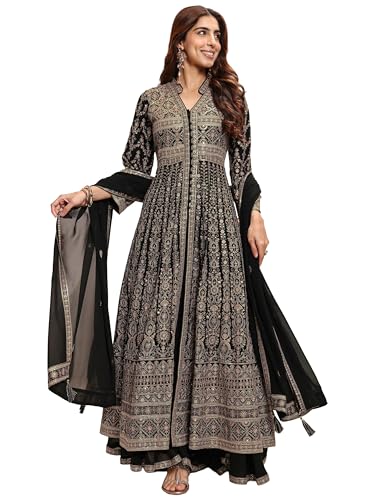 Image of Libas Art Embroidered Georgette Anarkali Kurta With Palazzos and Dupatta | ethnic wear | bridal suit | occasion wear