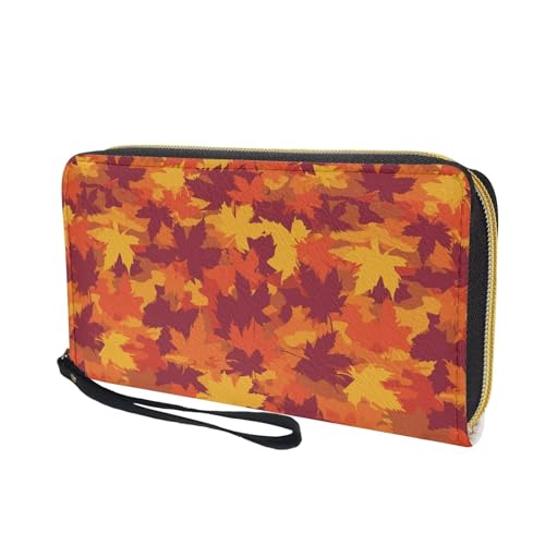 Fall Autumn Leaves Wallets for Women Leather Zipper Long Purses Bag with Wristlet Strap RFID Blocking Wristlet Clutch Bag2