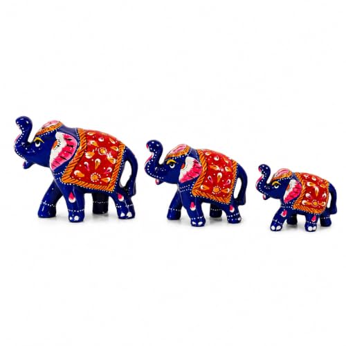 Image of eCraftIndia Handcrafted Multicolor Elephant Showpiece Set of 3 for Home Decor | Traditional Rajasthani Painted Elephant Figurines | Decorative Table Accent, Office Desk & Gifting Item