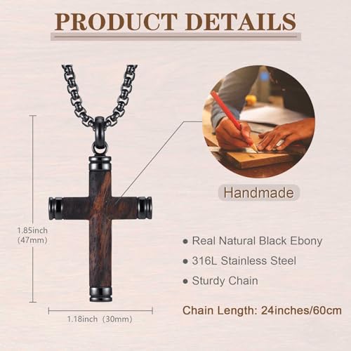 Wooden Cross Necklace for Men-Hawaiian Real Handmade Ebony Wood Cross Pendant Necklace Stainless Steel Chain, Mens Brown Cross Necklaces Koa Wood Jewelry Christian Baptism Crucifix Pendant for Men4
