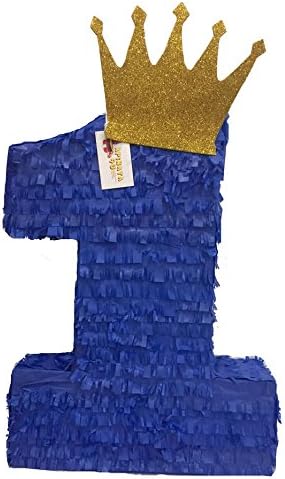 Large 20" Royal Blue & Gold Crown Number One Piñata First Birthday Party Supplies Prince Themed Birthday Decoration