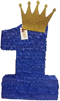 Large 20" Royal Blue & Gold Crown Number One Pinata First Birthday Party Supplies Prince Themed Birthday Decoration