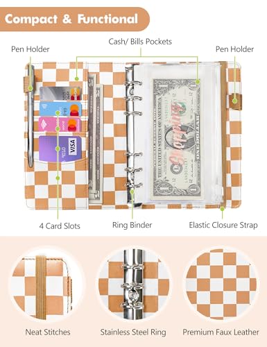 Image of A6 Budget Binder for Money Saving, PU Leather Budget Planner with 8 Cash Envelopes, Budget Sheets & Rose Gold Category Stickers, Money Organizer for Cash (Tan Checkered)