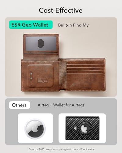 Image of ESR Geo Wallet with Find My, RFID Blocking, Wallet for Men, Wallet Tracker(iOS 14.5 Above Only), Holds 9 Cards and 15 Bills, Replacement for AirTag Wallet, Slim Bifold Card Holder, Aged Leather