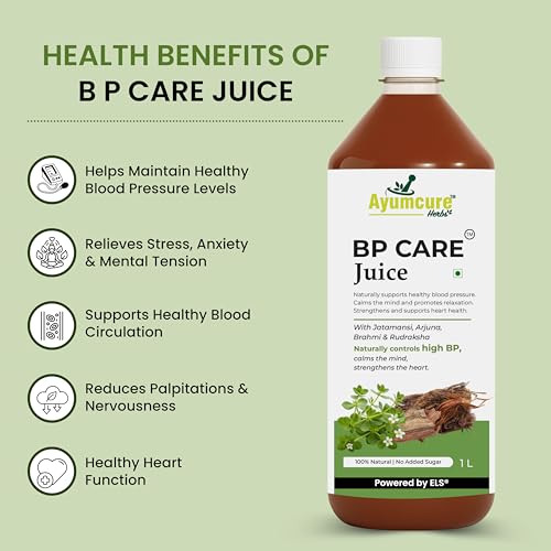 Image of Ayumcure BP CARE Juice | Ayurvedic way to manage High Blood Pressure | Jatamansi , Arjuna , Brahmi , Rudraksha | Helps in BP Levels, Tension and Sleep Quality | For Men & Women | Sugar Free | 1L ( Pack of 2 )