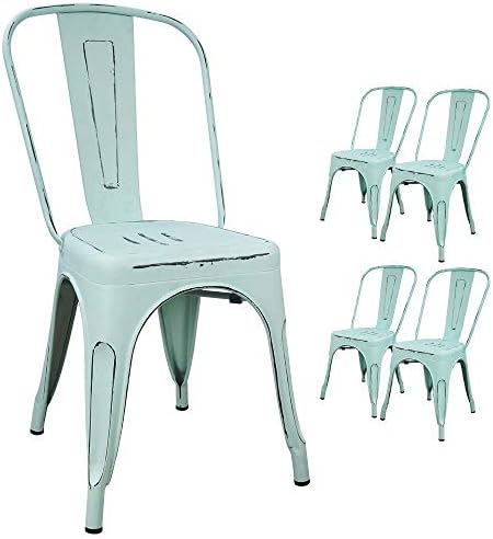 Devoko Metal Indoor-Outdoor Chairs Distressed Style Kitchen Dining Chairs Stackable Side Chairs with Back Set of 4 (Blue)