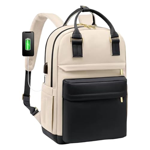 Mochila para ordenador portátil, impermeable, con puerto de carga USB, mochila escolar con puerto de carga USB, gran capacidad, mochila escolar para enfermeras, bolsa de trabajo con, Negro Con Beige