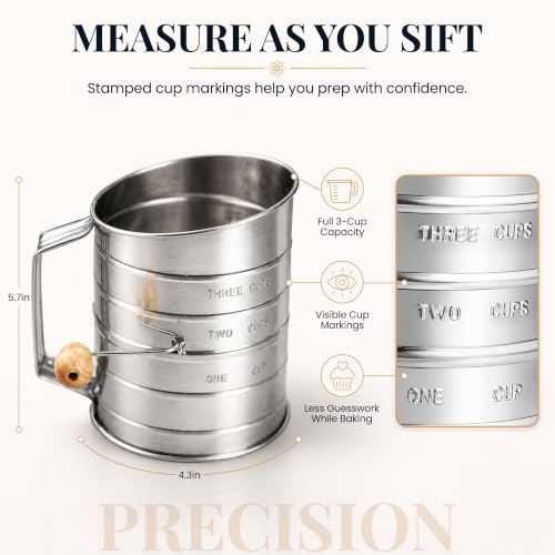 Image of Bellemain Stainless Steel Flour Sifter for Baking with Hand Crank - 3 Cup | Fine Mesh, Silver Color, Double Loop Agitator, Rust Resistant