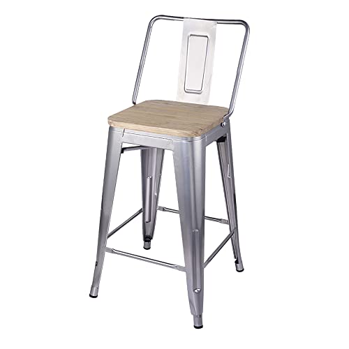 Gia 24-Inch Counter Height Middle Back Metal Stool Chair With Light Wood Seat, Silver, Set Of 3 #TOP5