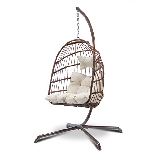 In Door Outdoor Patio Wicker Hanging Chair Swing Chair Patio Egg Chair Uv Resistant Beige Cushion Aluminum Frame (Brown) #TOP3